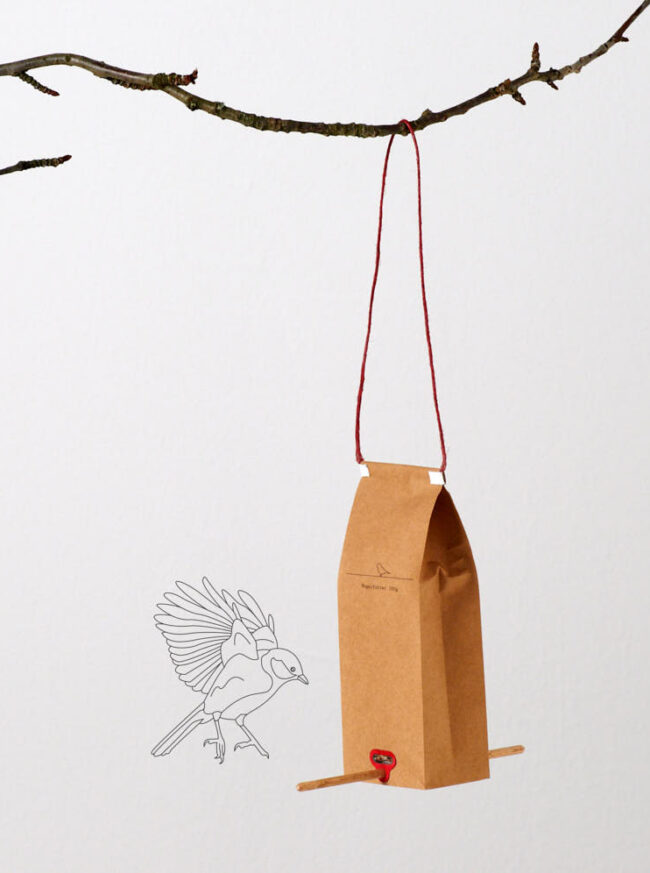 Birdseed Bag hanging on a twig with bird drawing