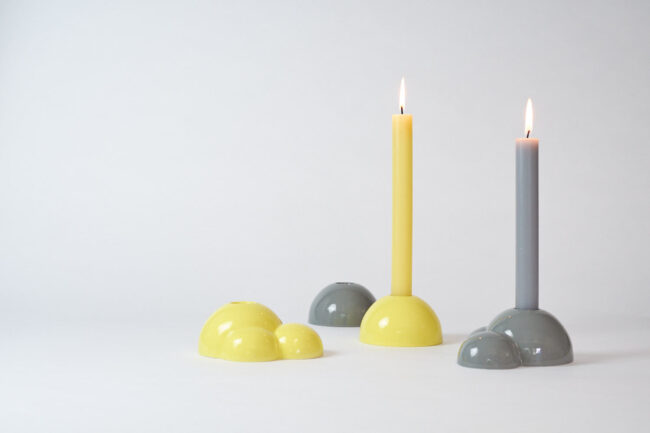 Candle holder Schaeren with candles in yellow and grey